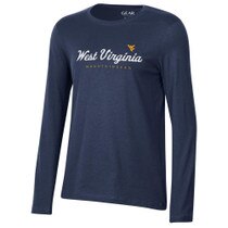 Navy women's WVU long sleeve tee with a gold Flying WV over West Virginia in white over small Mountaineers in gold as the chest graphic.