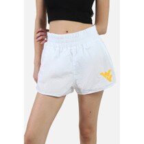 White WVU women's boxer shorts with a screen print gold Flying WV on the lower left leg