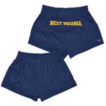 Front and back of the West Virginia navy mesh shorts with gold West Virginia screen print on the back