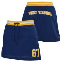 Front and back of the navy women's basketball skort with 67 on the bottom left on the front and West Virginia across the butt