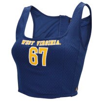 Navy WVU women's corset top with West Virginia over 67 as the chest graphic