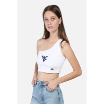 White one shoulder crop top with a navy Flying WV as the center chest graphic.