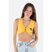 Gold WVU ultra cropped top with a plunging neckline, a ring centerpiece, and a navy Flying WV on left chest