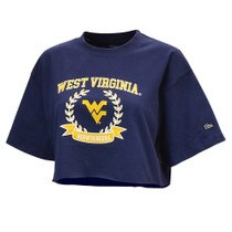 Navy WVU short sleeve crop top with West Virginia over a laurel wreath with a Flying WV inside in gold with white outline as the chest graphic