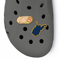 State of West Virginia and a pepperoni roll croc charms featured on a croc shoe