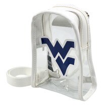 WVU clear mini sling bag with a navy and white Flying WV on the front