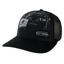 Black WVU trucker hat with sublimated coal mine scene on front panel and West Virginia woven label at bottom left of front panel