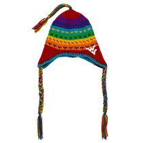 Rainbow fleece lined winter hat with tassels, earflaps, and a white embroidered on left earflap