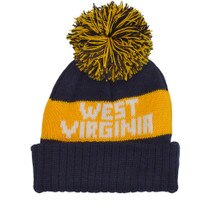 Navy infant WVU winter beanie with a navy and gold pom pom, gold stripe in the middle with white knit-in West Virginia