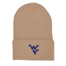 Tan WVU cuffed winter beanie with navy Flying WV on the cuff