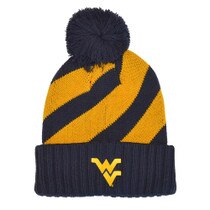 Front of the navy and gold diagonally striped WVU cuffed winter beanie with navy pom pom and Flying WV Logo on front cuff