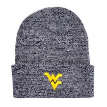 Marled navy WVU winter beanie with a gold embroidered Flying WV on the cuff