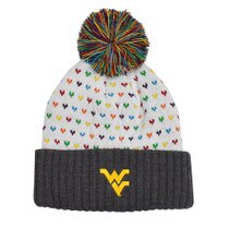 White WVU winter beanie with a navy cuff, rainbow pom pom, rainbow knit-in hearts, and a gold embroidered Flying WV on the cuff