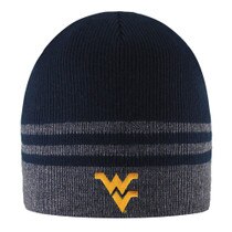 Navy WVU winter beanie with charcoal stripes and a gold embroidered Flying WV on the front