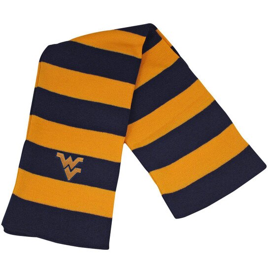 Gold and navy striped winter scarf with an embroidered Flying WV near one end of the scarf