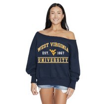 Navy WVU off shoulder crew sweatshirt with arched West Virginia over EST. Flying WV 1867 over Mountaineers full front screen print graphic