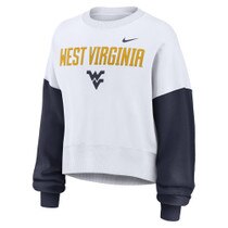 White Nike WVU crew sweatshirt with navy sleeves and West Virginia over the Flying WV Logo full front screen print