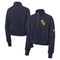 Navy Nike WVU women's cropped quarter zip pullover with a diagonally stacked WVU legacy logo at left chest