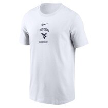 White Nike WVU tee with a small front screen print featuring West Virginia arched over the Flying WV Logo