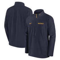 Navy Nike WVU half zip jacket with Mountaineers at left chest and a packable hood