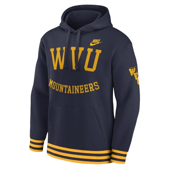 Navy Nike WVU hoodie with WVU over Mountaineers full front screen print and legacy WVU Logo screen print on upper left sleeve