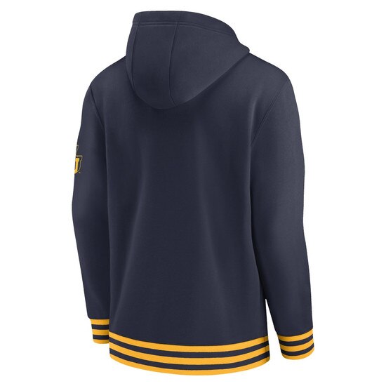 Back of the navy Nike WVU hoodie with legacy WVU Logo screen print on upper left sleeve