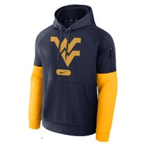 Navy WVU Nike hoodie with Large Flying WV Logo full front screen print and raglan color-blocked sleeves