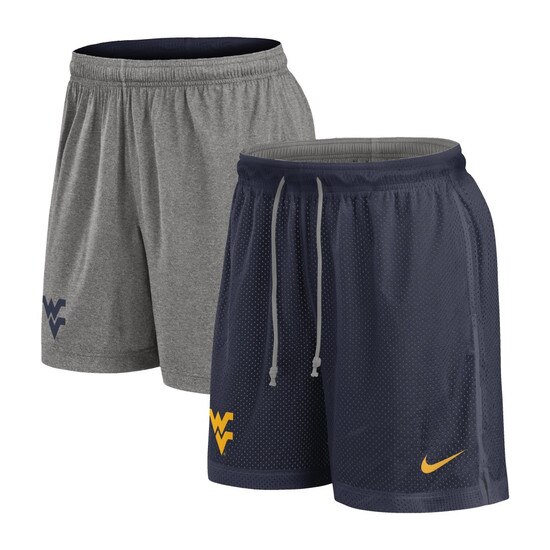 Navy Nike WVU reversible shorts with a gold Flying WV Logo screen print at lower right hem reverses to grey with a navy Flying WV Logo