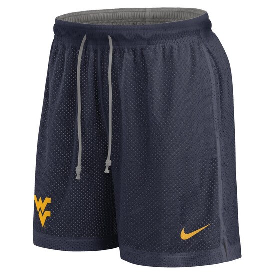 Navy side of the Nike WVU reversible shorts with a gold Flying WV Logo screen print at lower right hem