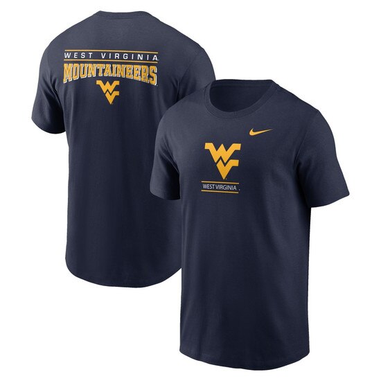 Front and back of a navy Nike WVU tee with a Flying WV Logo over Mountaineers front screen print and a West Virginia over Mountaineers in a flat top arch over a Flying WV full back screen print