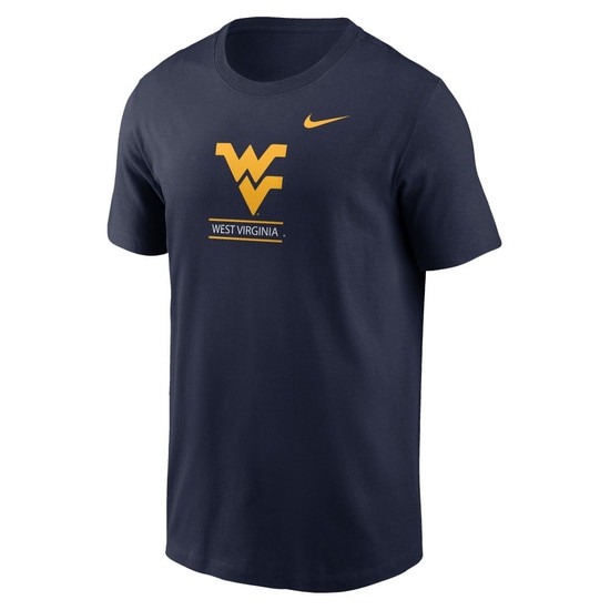 Front of a navy Nike WVU tee with a Flying WV Logo over Mountaineers front screen print