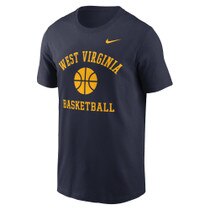 Navy Nike WVU tee with West Virginia arched over a basketball icon over the word Basketball full front screen print