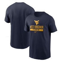 Front and back of a navy WVU Nike tennis short sleeve tee with Flying WV Logo over West Virginia over Tennis full front screen print