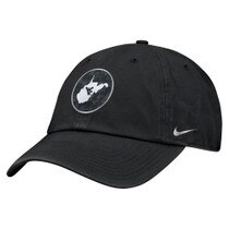 Black Nike WVU cap with a circle patch on the front panels featuring the state of West Virginia with the Flying WV inside