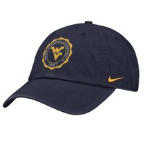 Navy Nike WVU adjustable hat with WVU faux seal featuring the Flying WV Logo embroidery on front panels