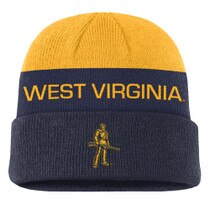 Gold and navy Nike WVU winter beanie with West Virginia knit-in and WVU Mountaineer icon embroidery on front cuff