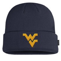 Front of the navy Nike WVU waffle textured cuffed winter beanie with a gold Flying WV embroidered on the cuff.