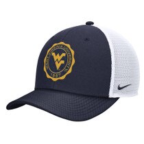 Navy and white Nike WVU trucker hat with navy front panels and bill, white trucker mesh back panels, and WVU faux seal embroidery featuring the Flying WV Logo on front panels