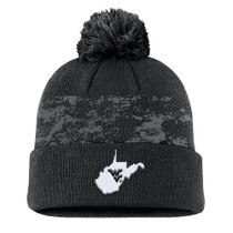 Black WVU Nike winter beanie with a pom pom and the state of West Virginia with a Flying WV inside on the front of the cuff