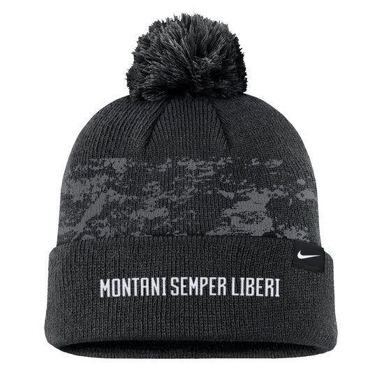 Black WVU Nike winter beanie with a pom pom and Montani Semper Liberi on the back of the cuff