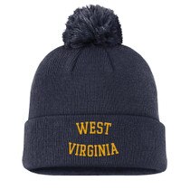 Navy Nike WVU winter cuffed beanie with navy pom pom and West Virginia embroidery on front of cuff