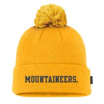 Gold Nike WVU winter beanie with gold pom pom and Mountaineers embroidered in navy on the cuff