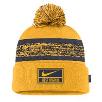 Front of a gold Nike WVU winter cuffed beanie with navy and gold pom pom, navy and gold marled stripe, and a Nike West Virginia sewn on the cuff