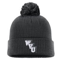 Front of a black Nike WVU winter beanie with a black pom pom and WVU legacy logo embroidery on cuff