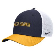 Nike WVU hat with navy front panels, gold bill, and white trucker mesh back panels with West Virginia embroidery in gold on front panels