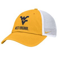 Gold and white Nike WVU trucker hat with gold front panels and bill, white trucker mesh back panels, and Flying WV Logo over West Virginia embroidery on front panels