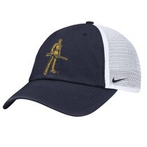 Navy and white Nike WVU trucker hat with navy front panels and bill, white trucker mesh back panels, and the Mountaineer icon embroidery on front panels