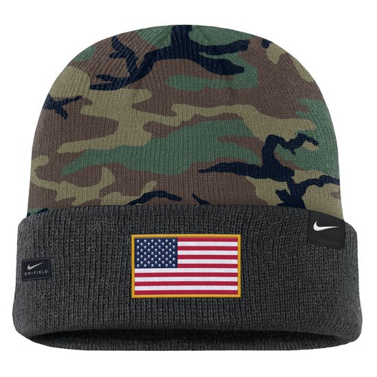 Camo Nike WVU winter beanie with a military style United States flag embroidery on the back of the cuff