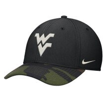 Black Nike WVU hat with a Flying WV Logo embroidery on front panels and a military style United States flag embroidery on right side panel