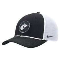 Black Nike WVu trucker hat with black front panels, white mesh back panels, and a circle patch on the front panels featuring the state of West Virginia with a Flying WV inside it